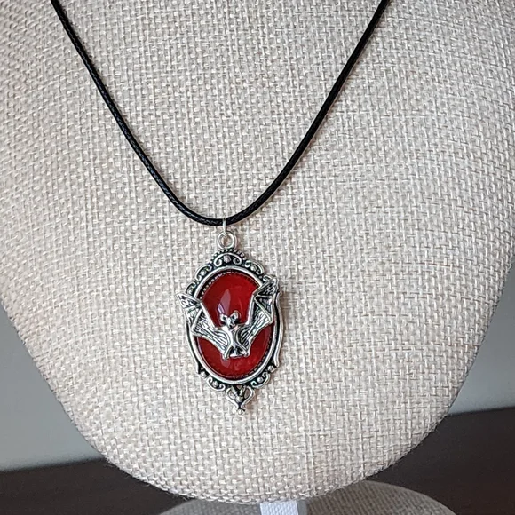 Silver Bat Framed In Red Pendant Necklace - Picture 3 of 7